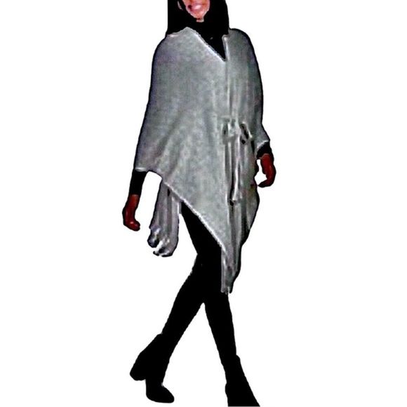 Grey Knit Belt Tie Waist Wrap Poncho Cardigan OSFM - Picture 3 of 12